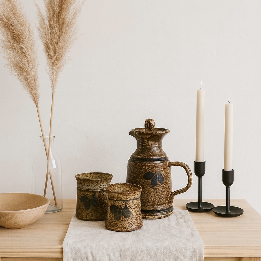 Vintage CONNIE WESTROM Canada – Stoneware Jug & Cup Set with Cork Stopper